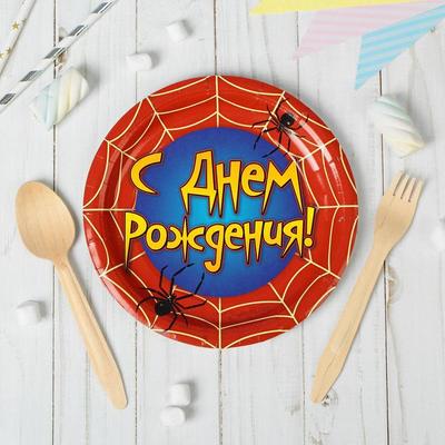 Тарелка бумажная «С днём рождения», паутина, набор 6 шт., 18 см