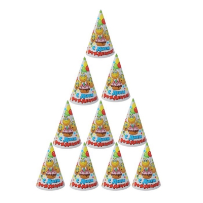 Колпак бумажный "С Днем Рождения" смайлы и звезды