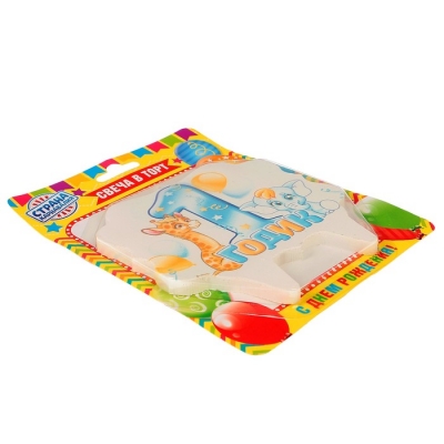 Свеча для торта цифра «1 годик, зверушки» "1" синяя