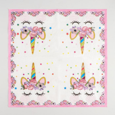 Салфетки бумажные "Единорог с цветами" 33х33 см, набор 20 шт
