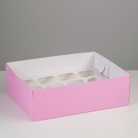 Коробка на 12 капкейков с окном, розовая, 32,5 х 25,5 х 10 см