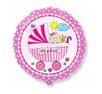 Фольгированный шар"Детская коляска для девочки" Круг 18"