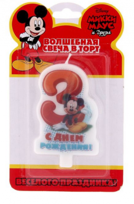 Свеча в торт "С днем рождения", цифра 3, Микки Маус