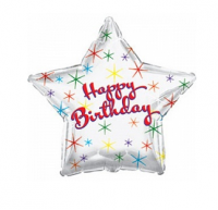 Фольгированный шар Звезда, С Днем рождения (искрящиеся блестки), Серебро 18"
